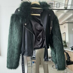 Nasty Gal green faux fur and leather jacket with belt